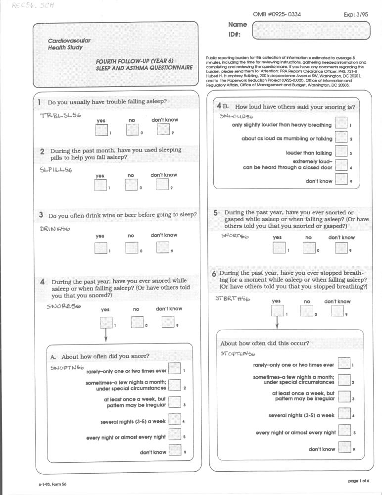 Record 56 Sleep and Asthma Questionnaire - page 1