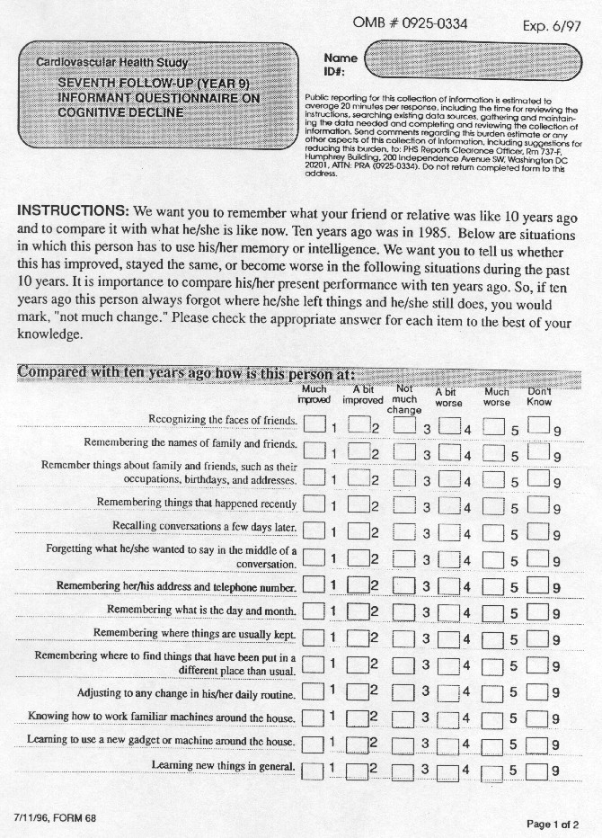 Record 68 Informant Questionnaire for Cognitive Decline, IQCODE - page 1