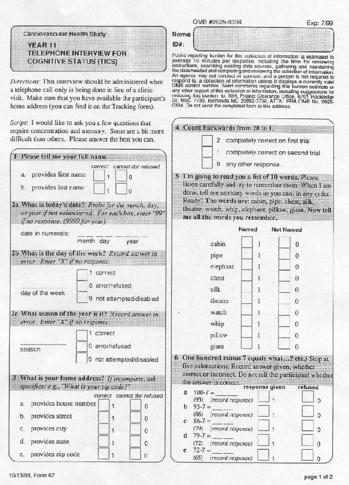 Record 67 Telephone Interview for Cognitive Status, TICS - page 1